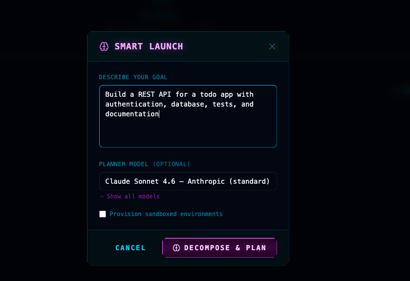Smart Launch dialog where a user describes their goal and selects a planner model