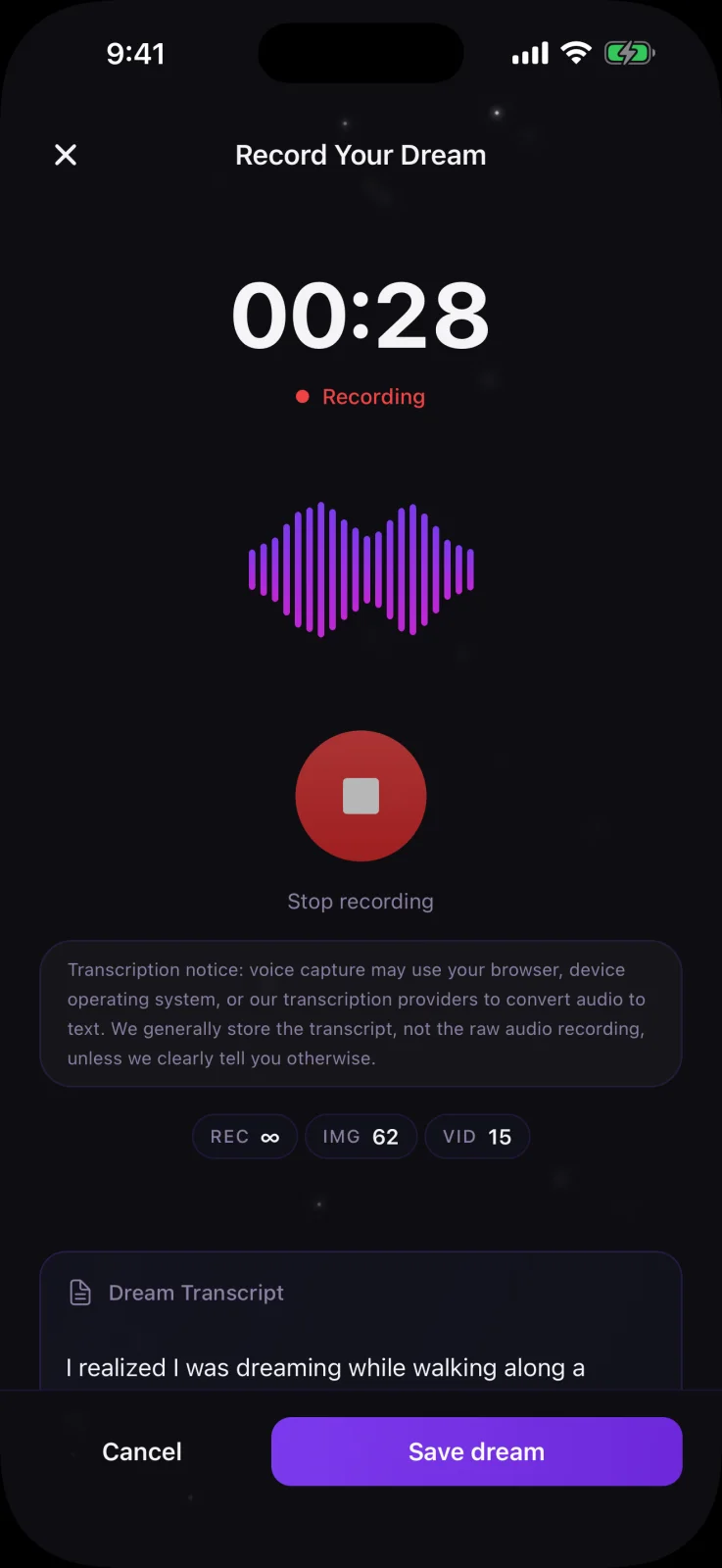 Ensueño voice recording and editable transcript screen