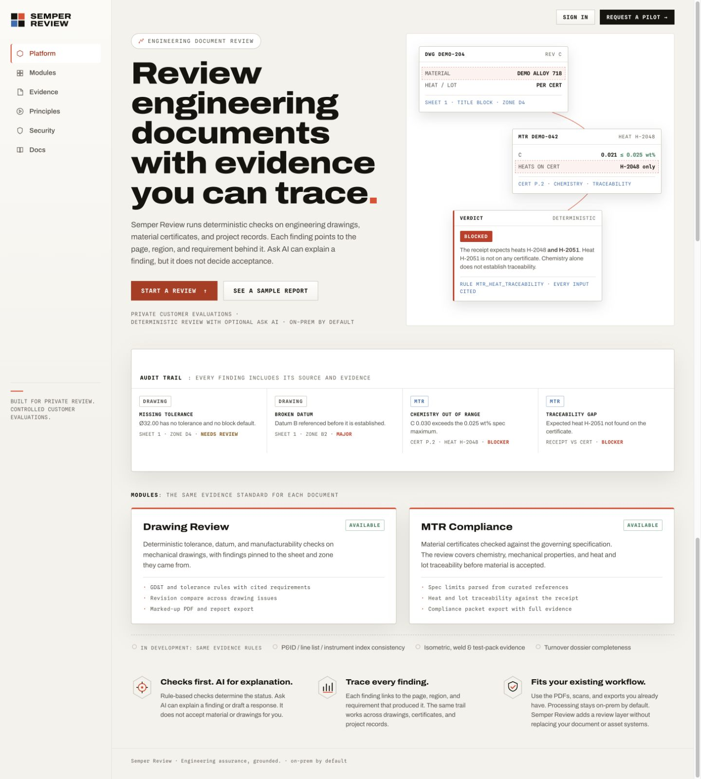 Semper Review workspace showing evidence-linked engineering findings