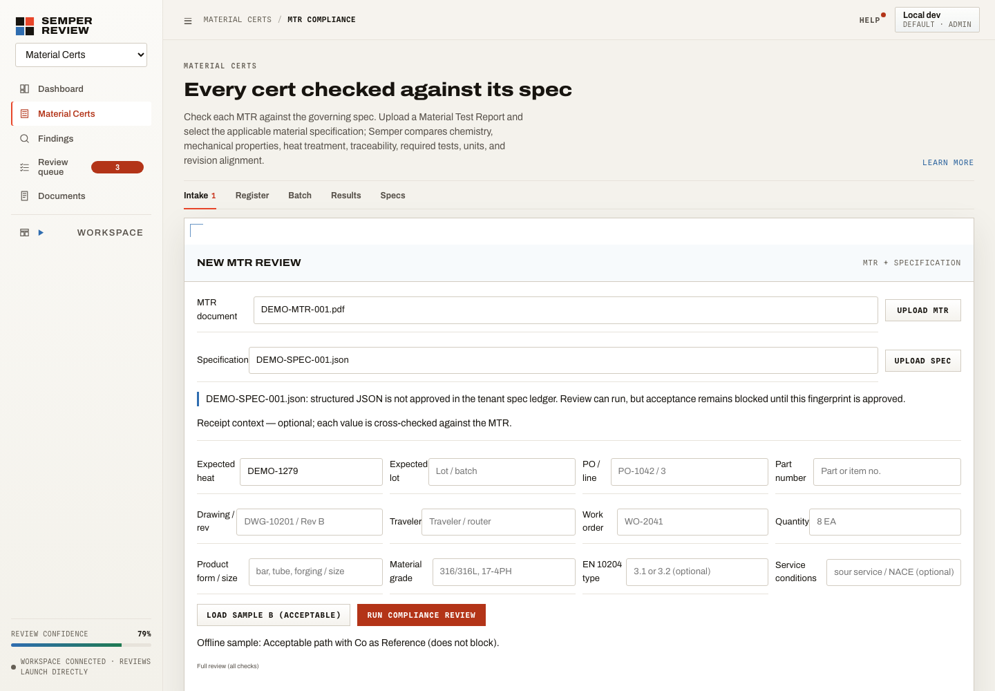 MTR Review synthetic demo showing a material test report review workspace